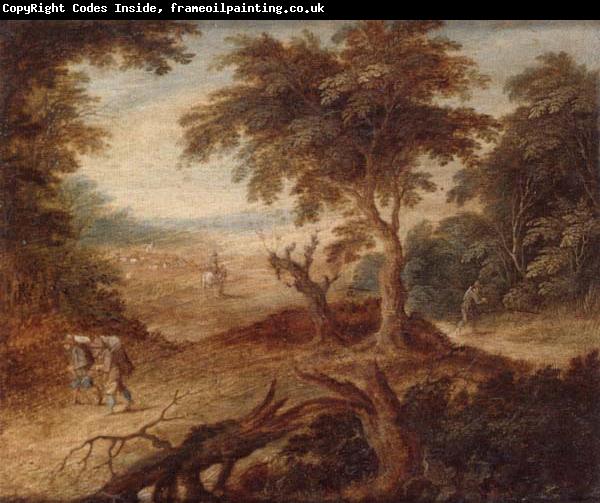 unknow artist A wooded landscape with travellers and a horseman on a track